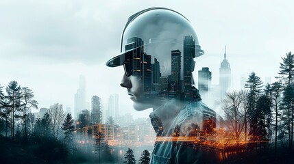 Portrait of a construction worker wearing a hard hat with a double exposure of a cityscape.