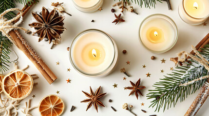 Obraz na płótnie Canvas Beautiful Christmas composition with aroma candles on