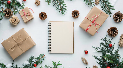 Fototapeta na wymiar Beautiful Christmas composition with notebook on white