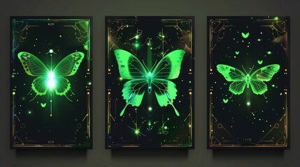 Y2K banners, retro flower art, futuristic retrowave flyers with elegant boho decorations as well as retrowave posters with a green butterfly glowing on black. - obrazy, fototapety, plakaty