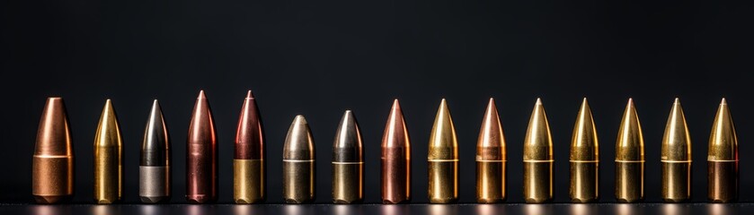 A variety of bullets are lined up on a black background.