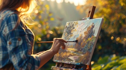A woman is joyfully painting a landscape on an easel in a field, surrounded by grass and under the...