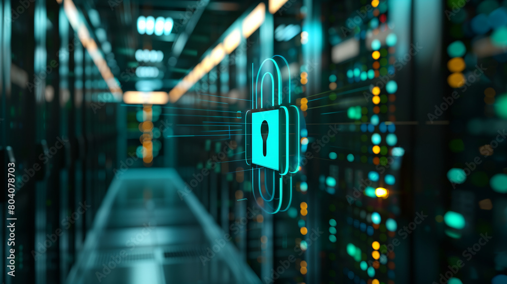 Poster data security concept in server room . close-up of a secure padlock icon on the digital screen of a 