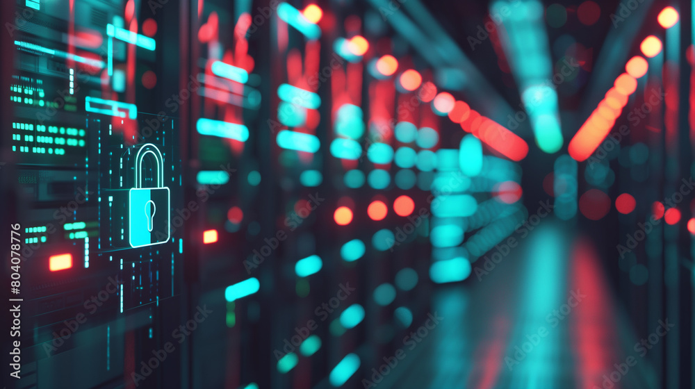 Poster data security concept in server room . close-up of a secure padlock icon on the digital screen of a 
