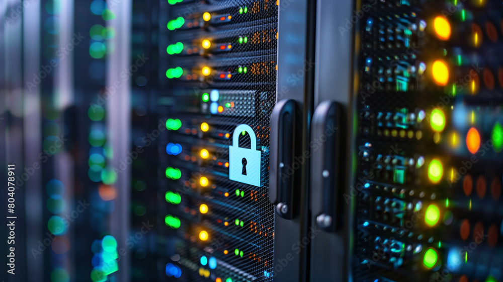 Poster data security concept in server room . close-up of a secure padlock icon on the digital screen of a 