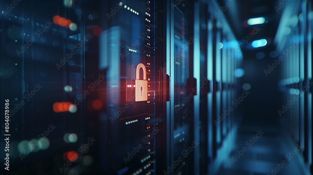 Poster data security concept in server room . close-up of a secure padlock icon on the digital screen of a 