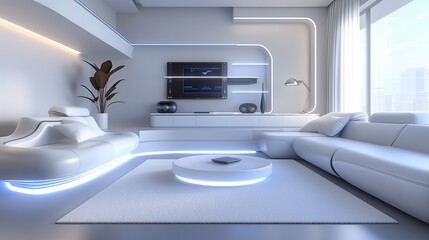 A futuristic living room with sleek, white furniture, state-of-the-art technology seamlessly integrated into the decor.