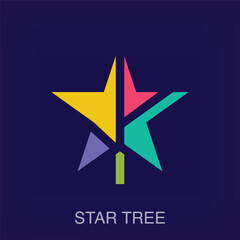 Creative tree and star combination sign logo. Uniquely designed color transitions. Company and workplace logo template vector.