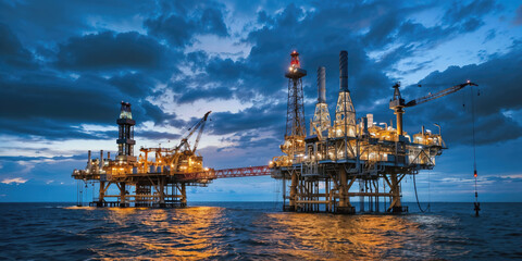offshore oil rigs stand against the backdrop of the twilight sky over the ocean.