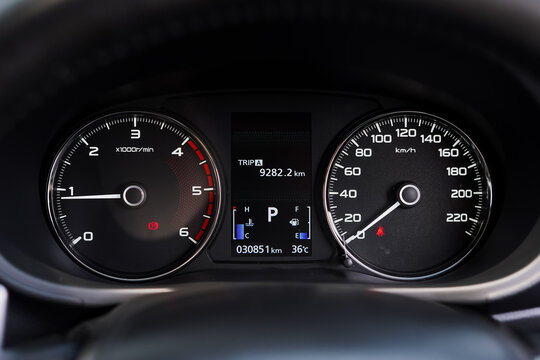 car​ instrument panel, car​ speed motor of​ night, car​ dashboard​ modern​ automobile control​illuminated panel​ speed display.	