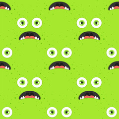 Emotional monster face with eyes and screaming mouth on green background. Vector seamless pattern.