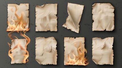 Set of burning paper pieces isolated on transparent background, with uneven black edges, destroyed by fire flames, scorched letter sheets, old parchment scraps.