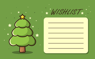 Vector wishlist template with copy space. Cartoon green christmas tree with black outline.