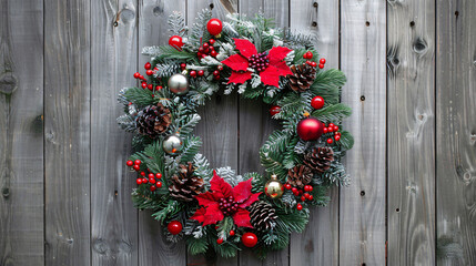 Fototapeta na wymiar Beautiful Christmas wreath and decorations on grey 