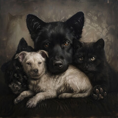 A black dog and two cats are cuddling together