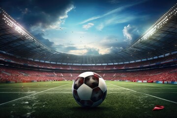 A soccer ball is on a field with a stadium in the background