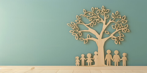 Family with tree in the forest. Paper art style. Paper art of family with children and tree. 3D rendering.