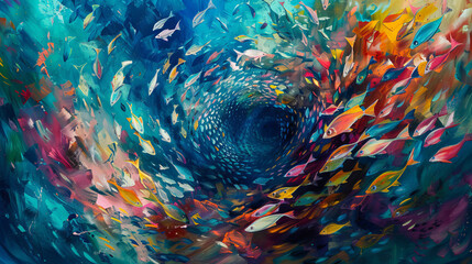 A painting of a colorful fish swimming in a spiral