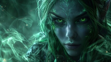 Portrait of a beautiful elf girl with green eyes and glowing runes on her face. Dark green background with smoke