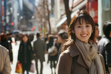 A happy japanese businesswoman stands on the street of an urban city, surrounded by people about on bustling streets. generative AI