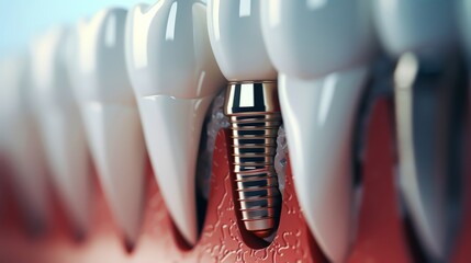 Detailed close-up of a dental implant in a healthy human jaw, highlighting the strength and precision of modern dentistry
