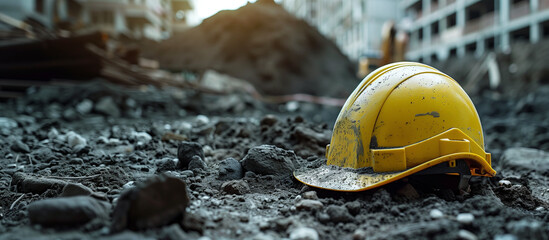 Construction yellow hard hat on ground with construction site on background