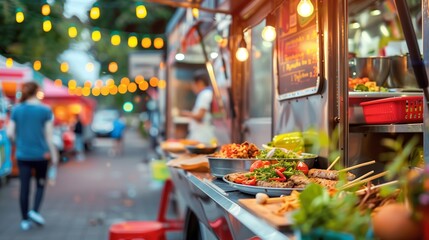 Street food stall in the evening. Blurred background, bokeh. Food truck at a festival in the city in the evening