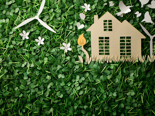 Eco House In Green Environment - Illustration of Modern Eco House with Windmills and nature. Concept of being eco-friendly and saving the planet. Paper art and digital craft style
