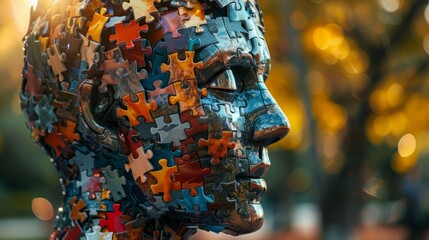 Pieces of intellect under the midday sun: A vibrant, puzzle-crafted head, symbolizing the complexity of the human mind