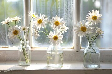 Simple yet elegant display of white daisies in clear glass bottles, lined up against a soft light background, emphasizing minimalism and natural beauty