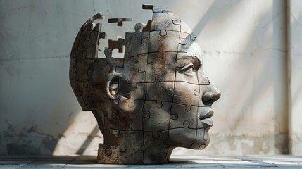 Sunlit puzzle of humanity: A head sculpted from interlocking puzzle pieces, casting a shadow of mystery