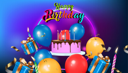 happy birthday celebration modern and creative banner template.birthday cake,balloons,gift boxes and candles flying glowing dark background.vector illustration design element.