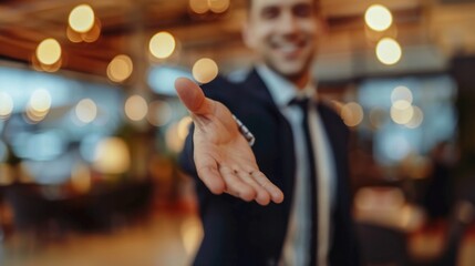 Close up crop image young businessman reaching out hand for shaking, proposing good deal to partner, making greeting gesture to client, welcoming new employee at work. Generative AI
