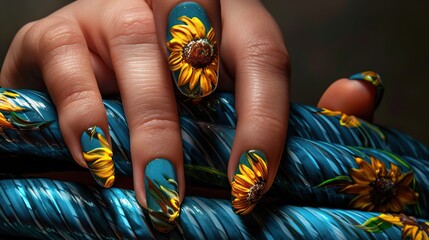 fingers with sunflower nail art wrapped around a garden hose. copy space for text.
