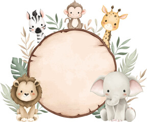 Obraz premium Watercolor Illustration Safari Animals and Wooden Board