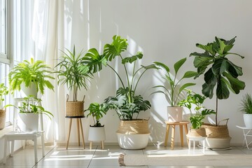 Fototapeta premium Bright, airy room filled with a diverse collection of houseplants, creating a lush indoor garden oasis