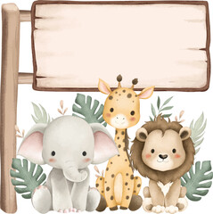Obraz premium Watercolor Illustration Safari Animals and Wooden Board
