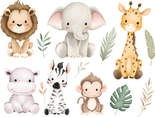 Watercolor Illustration Set of Safari Animals and Tropical Leaves