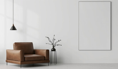A brown leather chair is in front of a white wall with a black framed picture. A vase with flowers sits on a table in front of the chair. The room has a simple and minimalistic design