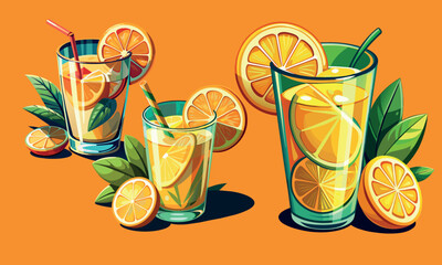 Stylized vector set of lemonade glasses on a vibrant, colorful background, perfect for summer-themed designs and refreshing beverage illustrations.