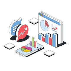 Analytics, charts on a mobile phone, magnifying glass, modal window, bubble chat. Vector 3d line isometric, color web icons, new flat style. Creative design idea for infographics.