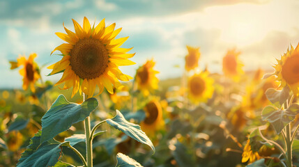 Beautiful sunflowers in field on summer day