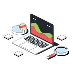 Charts on a laptop screen, analytics magnifying glass, pie chart. Vector 3d line isometric, color web icons, new flat style. Creative design idea for infographics.