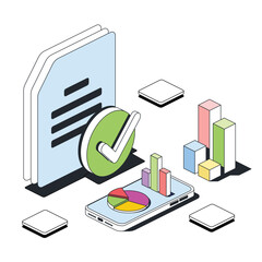 Documents, checkmark, charts on a mobile phone. Vector 3d line isometric, color web icons, new flat style. Creative design idea for infographics.