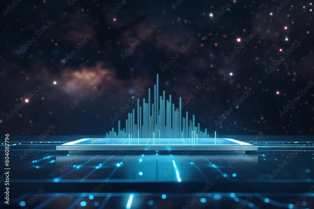 Wall mural A glowing, holographic updraw graph floating above a high-tech, digital table, the hologram set against a dark, starry night background. - Wall murals
