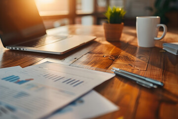Home office remote work desk setup with laptop in golden hour sun sunshine