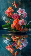 colorful background of still life with spring flowers and orchids on mirror