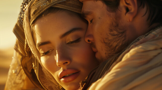 beautiful woman in Arab burqa costume , kissing the beautiful man , desert , photorealistic , cinematic light , aesthetics of an oriental fairy tale