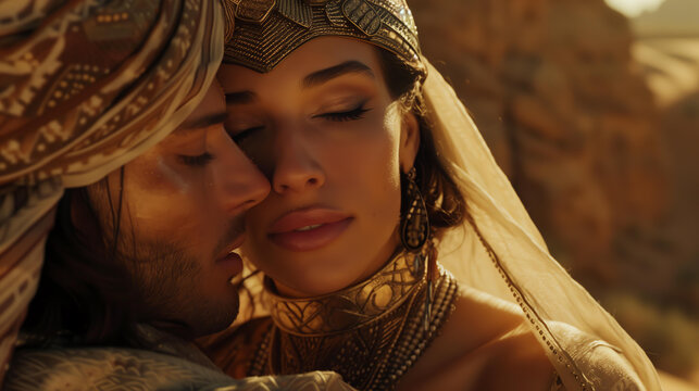 beautiful woman in Arab burqa costume , kissing the beautiful man , desert , photorealistic , cinematic light , aesthetics of an oriental fairy tale