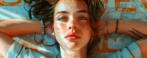 Generative AI illustration of overhead portrait of a relaxed young woman with blue eyes and freckles lying down
